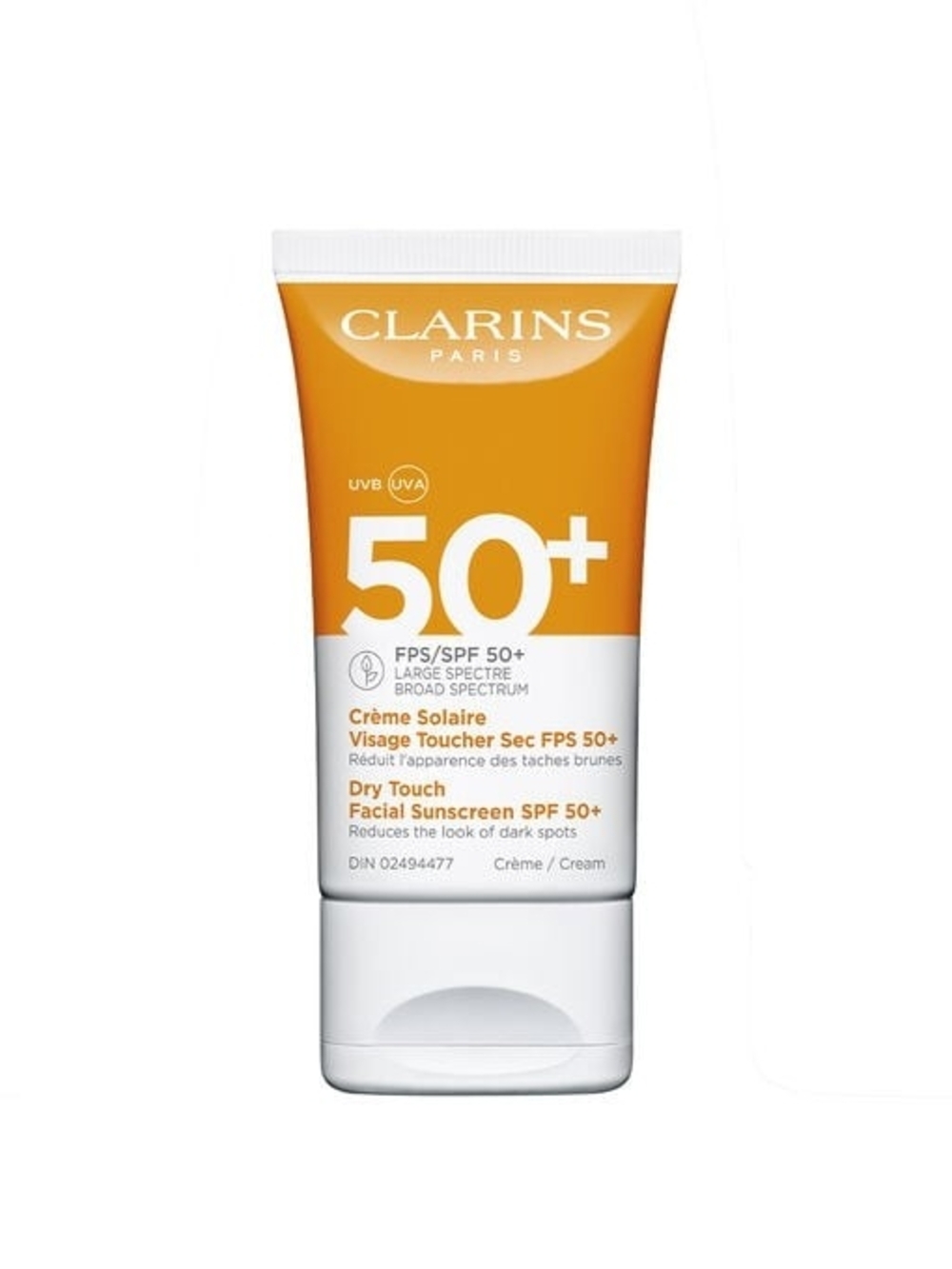 Clarins Facial Sunscreen SPF 50+ in Orange and White Tube